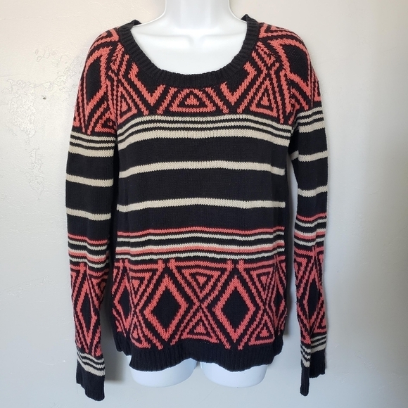 Volcom XS Machu Peaches Sweater Black Coral Ivory Triangle Stripes Pullover Top - Picture 1 of 9